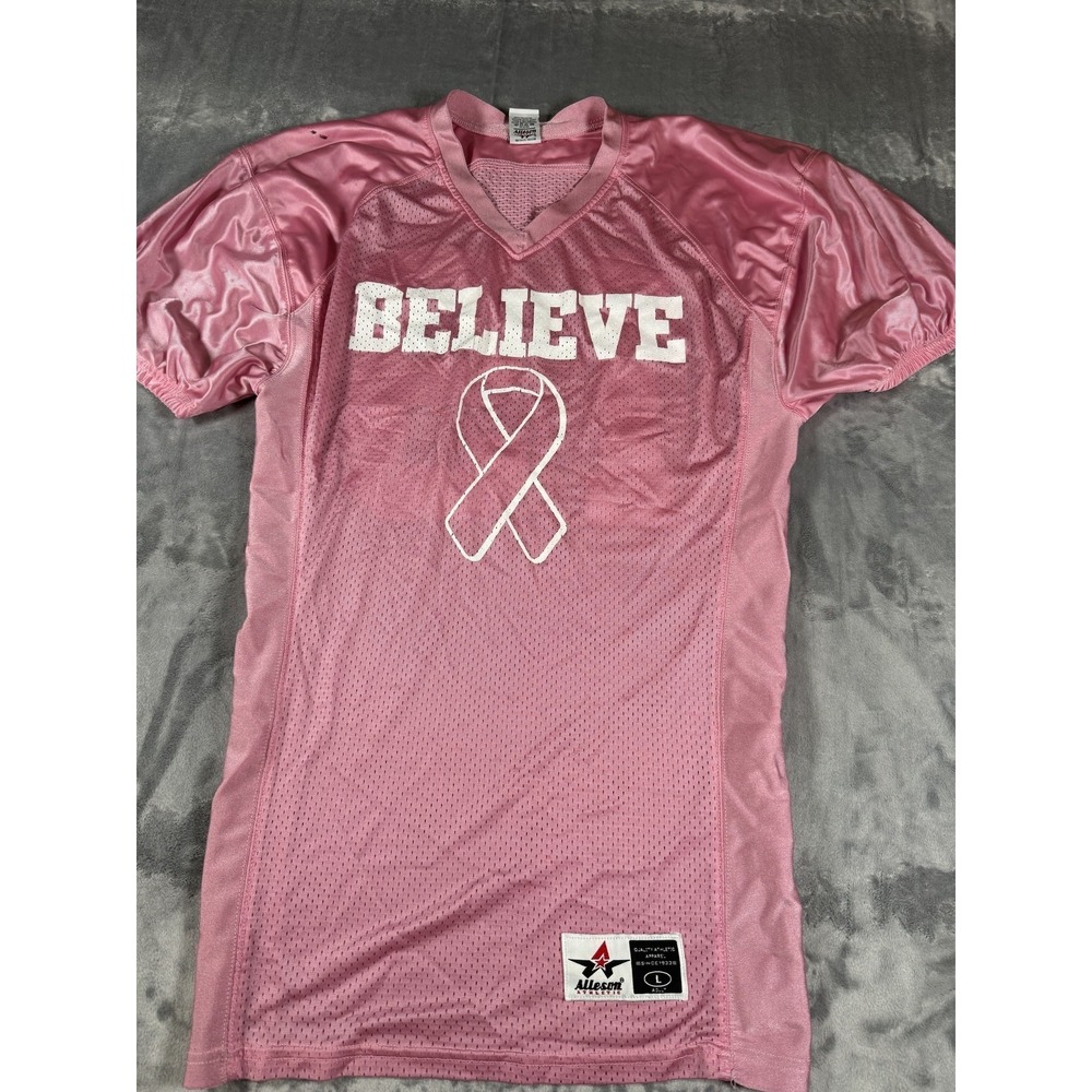 Alleson Athletic Womens Pink Believe Ribbon Football Jersey Activewear Top L